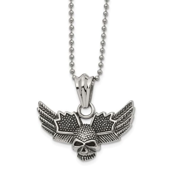 Stainless Steel Textured Winged Skull Necklace, 22 Inch - Picture 1 of 4